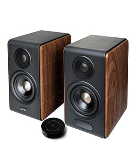 Edifier S880DB MKII front view in dark wood highlights premium home audio for immersive listening.