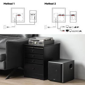Edifier T5 subwoofer in thick MDF enclosure reduces resonances for clarity.