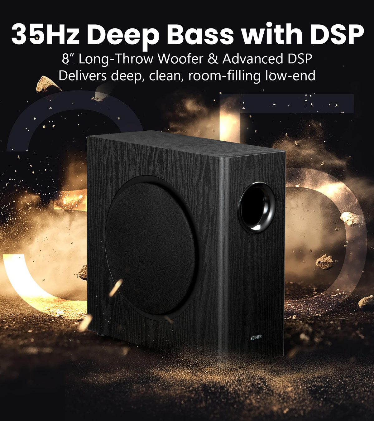 Edifier T5s rear panel highlighting built-in 70W RMS Class-D amp.