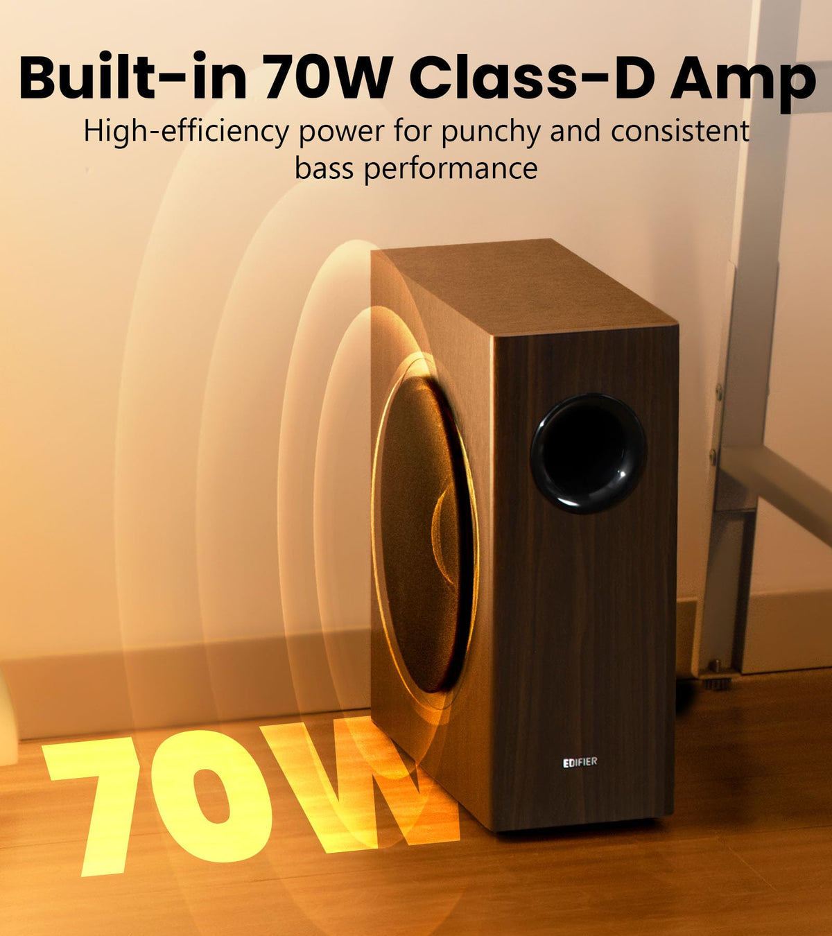 Edifier T5s 8-inch long-throw woofer delivers deep bass.