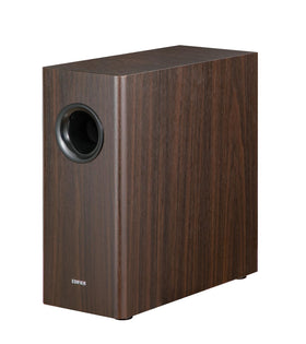 Edifier T5s subwoofer front view enhances compact home theater setup.