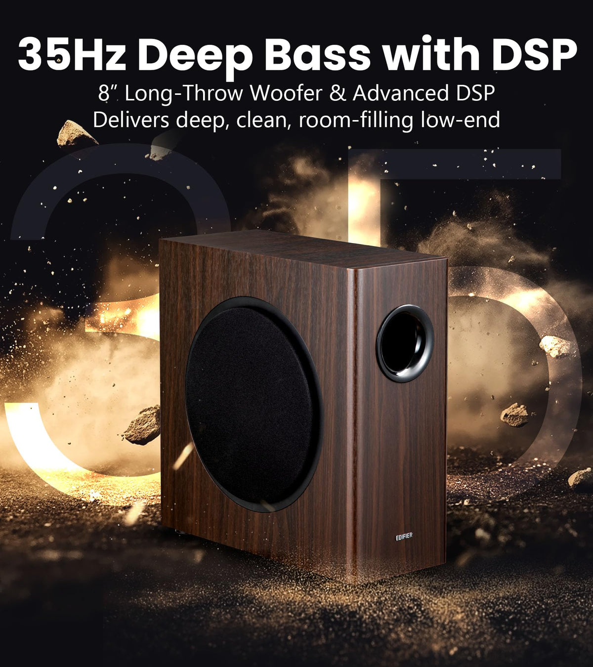 Edifier T5s wood-grain finish close-up adds stylish decor.