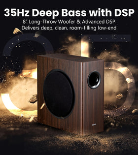 Edifier T5s wood-grain finish close-up adds stylish decor.