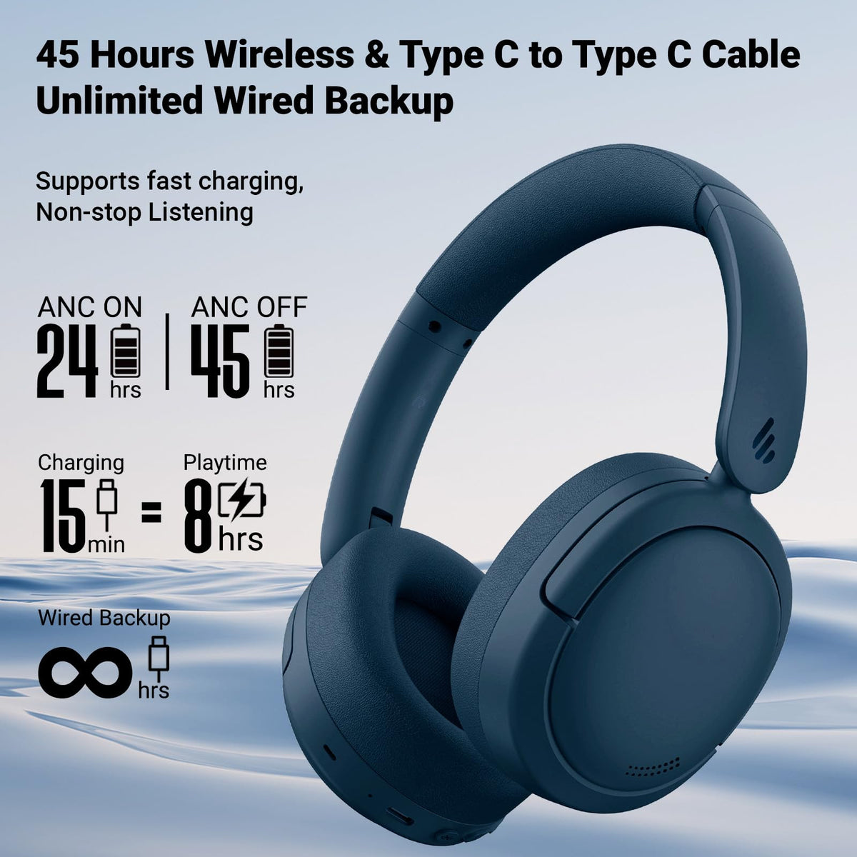 Edifier V80 controls and ports detail showing on-ear buttons and USB-C