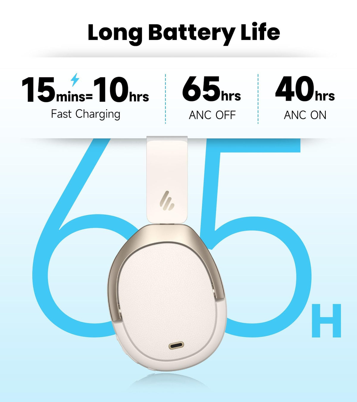 Edifier W80 up to 65 hours of wireless playback per charge.