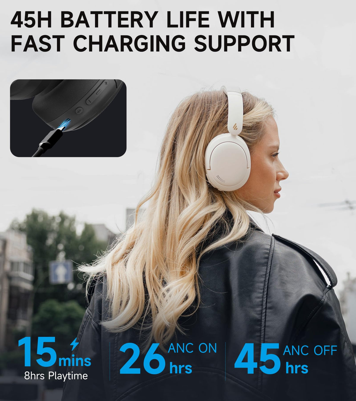 Edifier W800BT Pro battery and charging visual communicating fast-charge and long playtime