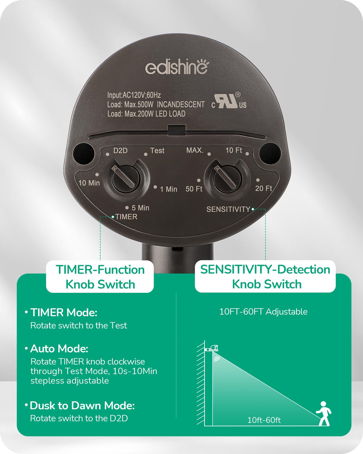 EDISHINE motion sensor with 300-degree rotation for flexible aiming.
