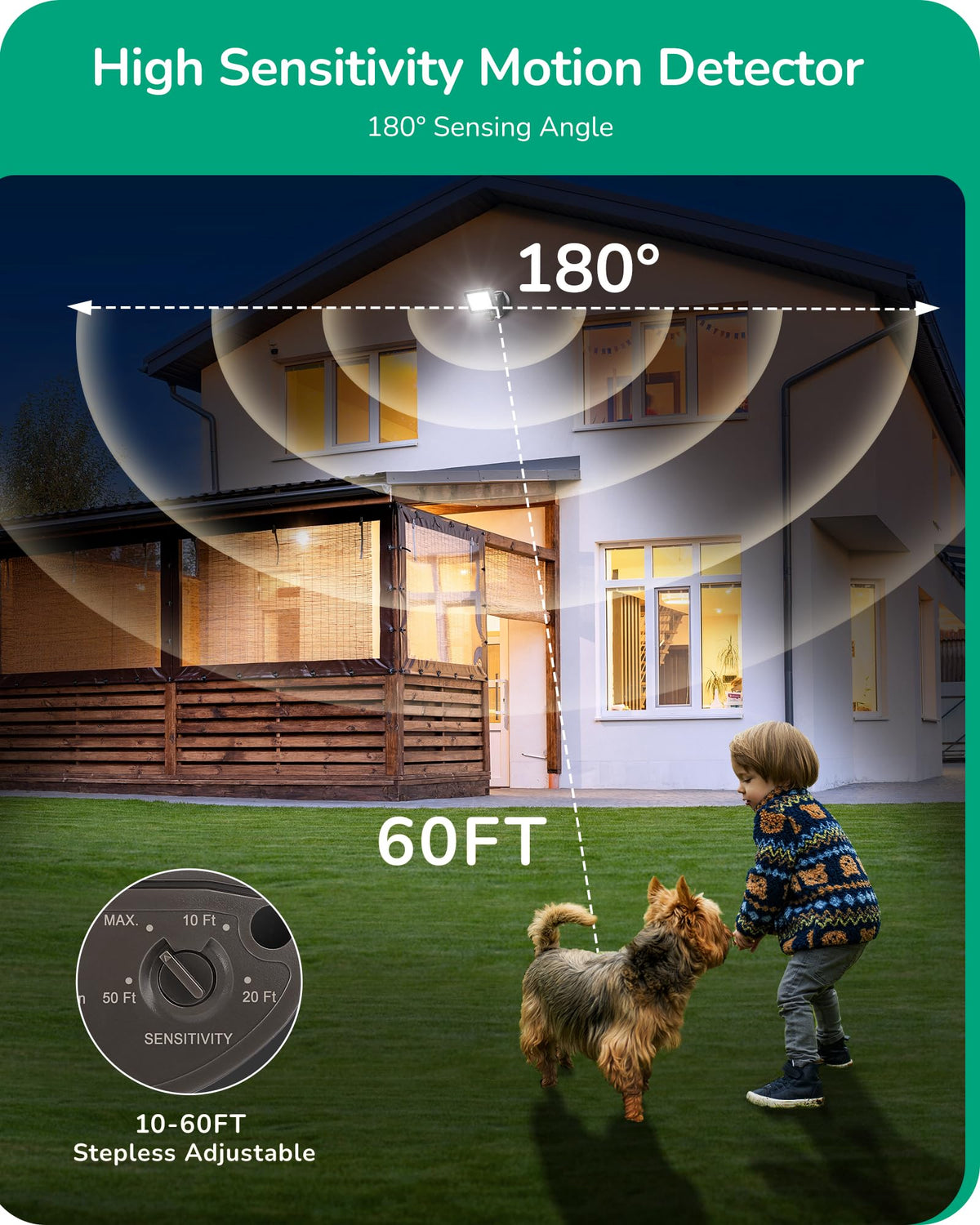 EDISHINE rotatable sensor neck eases aiming on porches and entrances.