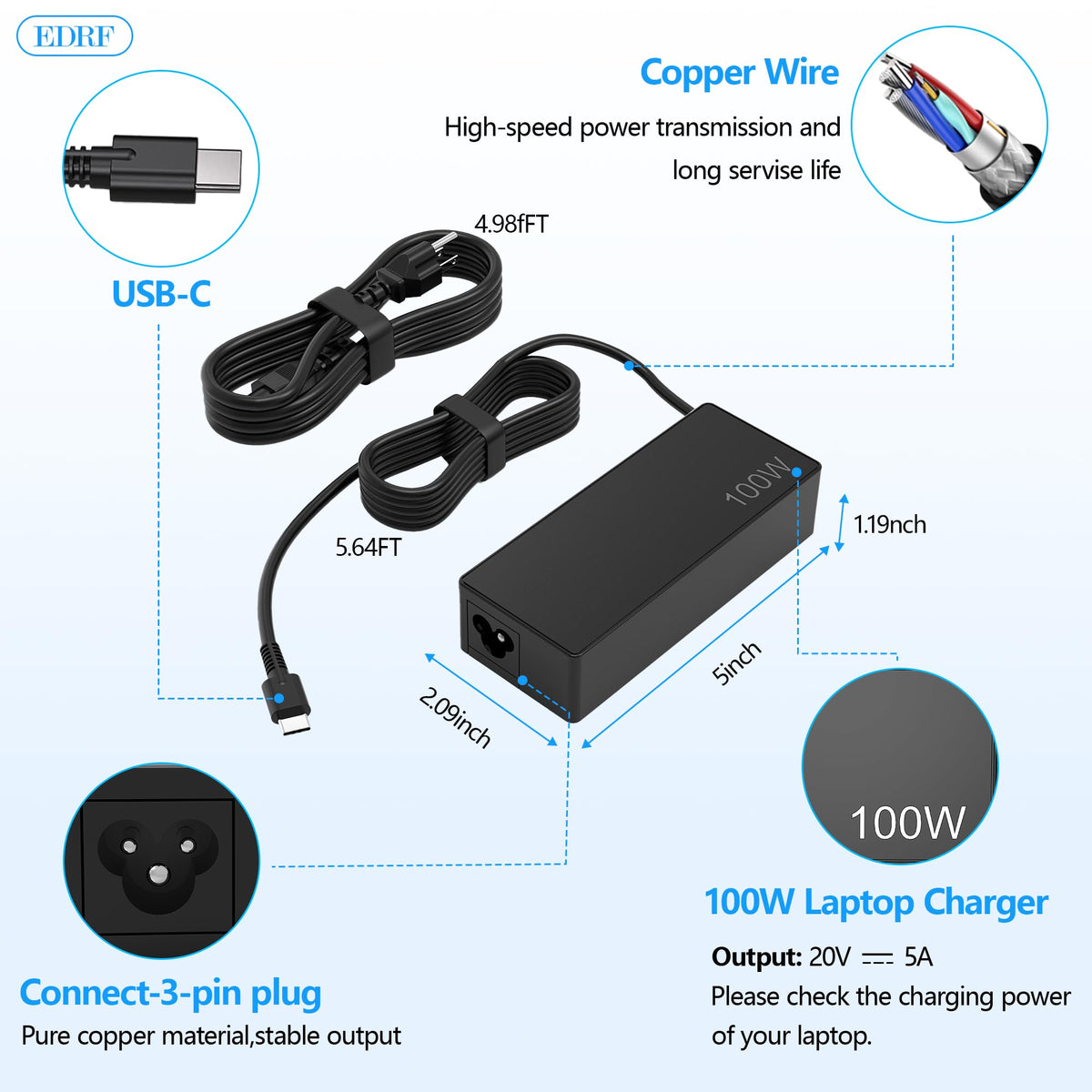 EDRF 100W USB-C charger package includes AC adapter and power cable.