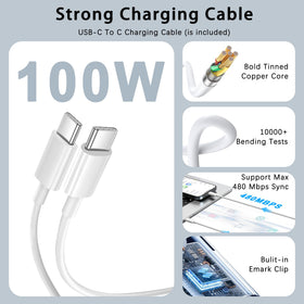 EDRF USB-C port and product label close-up showing wattage and smart negotiation benefit