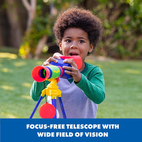 Educational Insights telescope next to a child’s book showing compact size