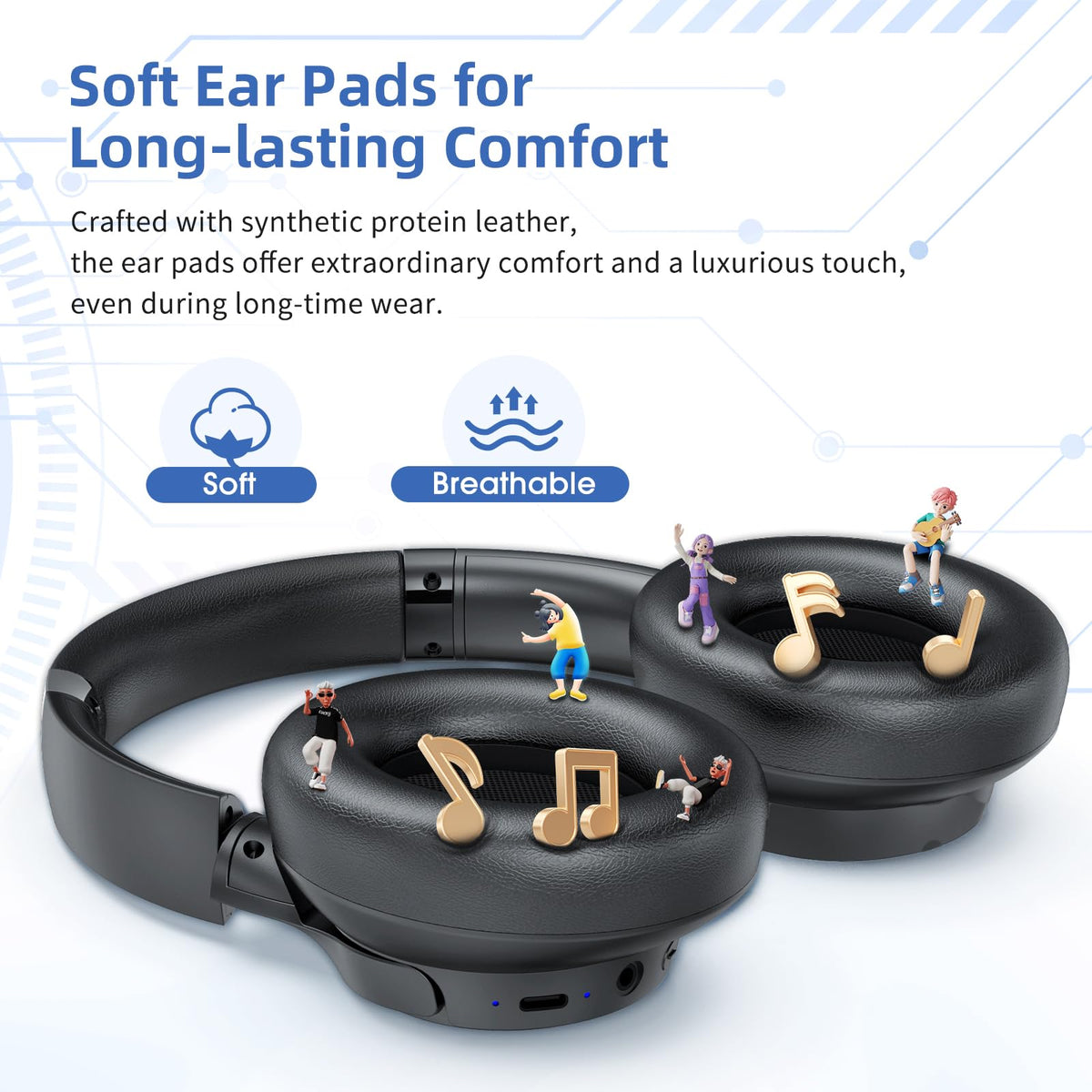 Eduiosma active noise cancelling headphones worn for long listening sessions with plush comfort.