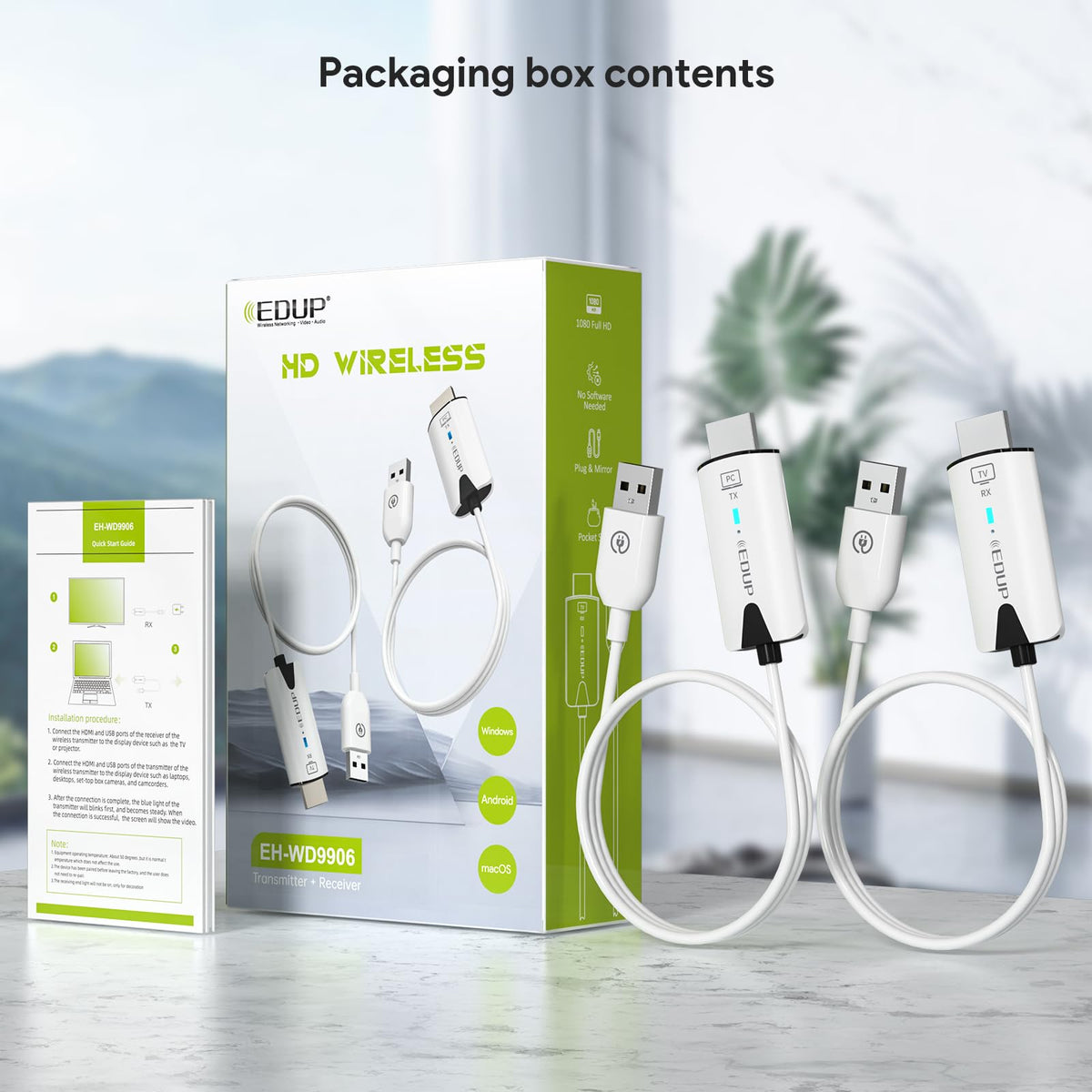 EDUP packaging and accessories including HDMI and USB cables for quick setup