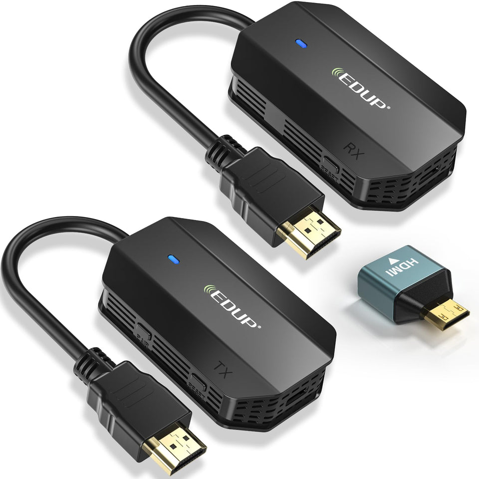 EDUP transmitter and receiver front view showing compact design and quick setup benefit