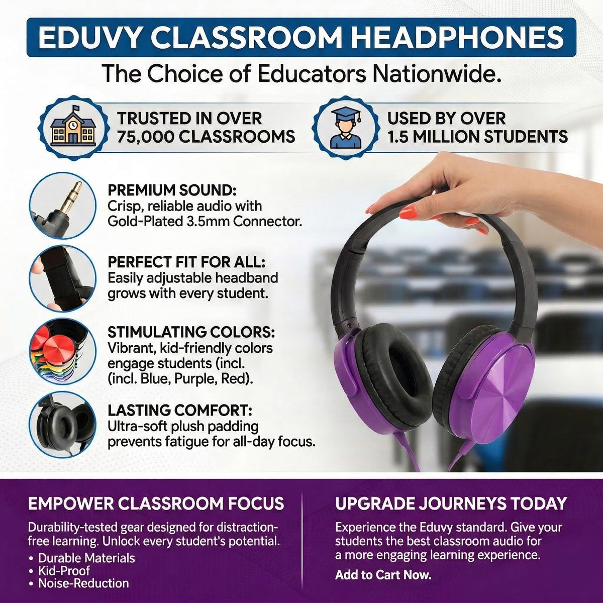 Eduvy bulk headphones adjustable headband for personalized comfort during long classes.