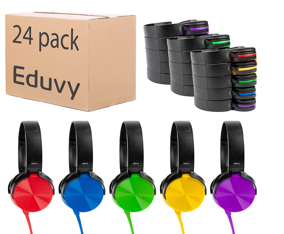 Eduvy bulk classroom headphones front view in mixed colors for classroom listening.