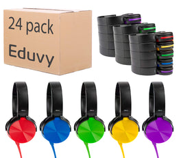 Eduvy bulk classroom headphones front view in mixed colors for classroom listening.