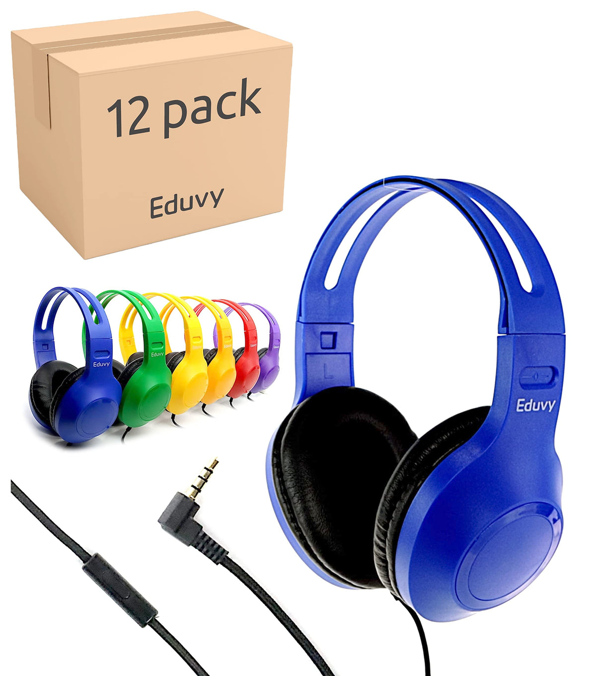 Eduvy bulk classroom headphones with microphone, six-pack in mixed colors for flexible use.