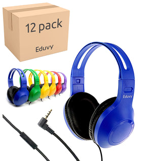 Eduvy bulk classroom headphones with microphone, six-pack in mixed colors for flexible use.
