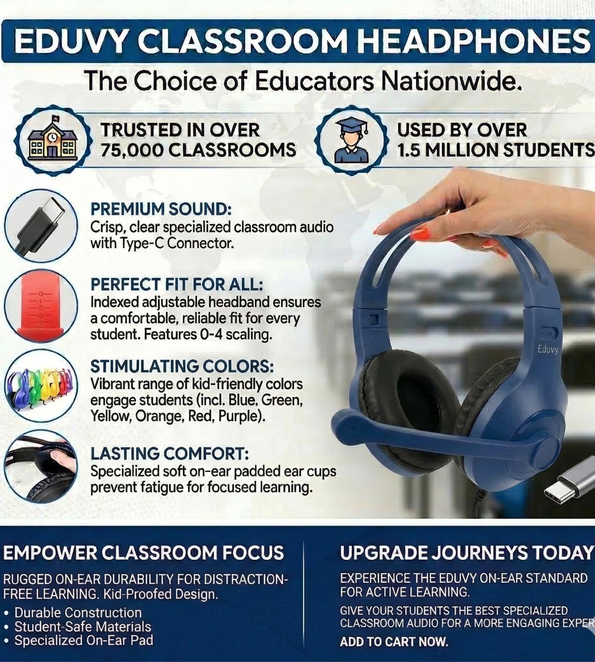 Eduvy classroom headphones with rotating boom mic capture voices during interactive lessons.
