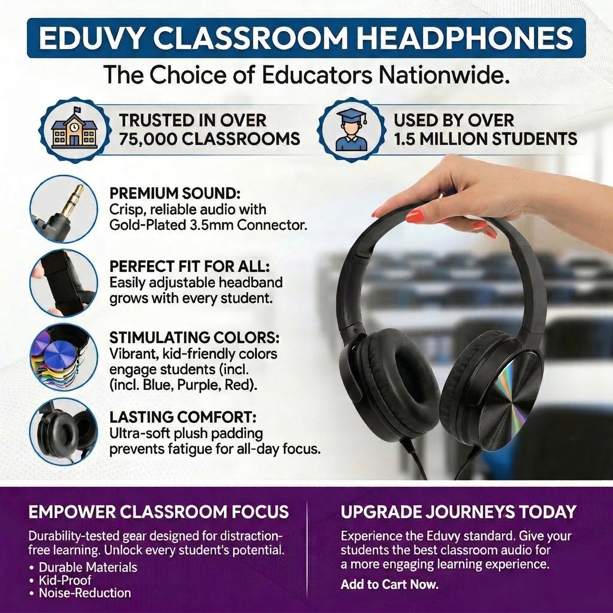 Eduvy Core Headphones classroom 24-pack side view showcasing adjustable headband fit.