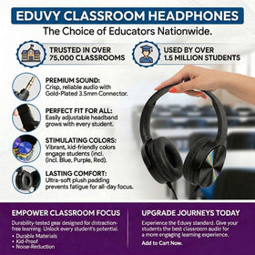 Eduvy Core Headphones classroom 24-pack side view showcasing adjustable headband fit.