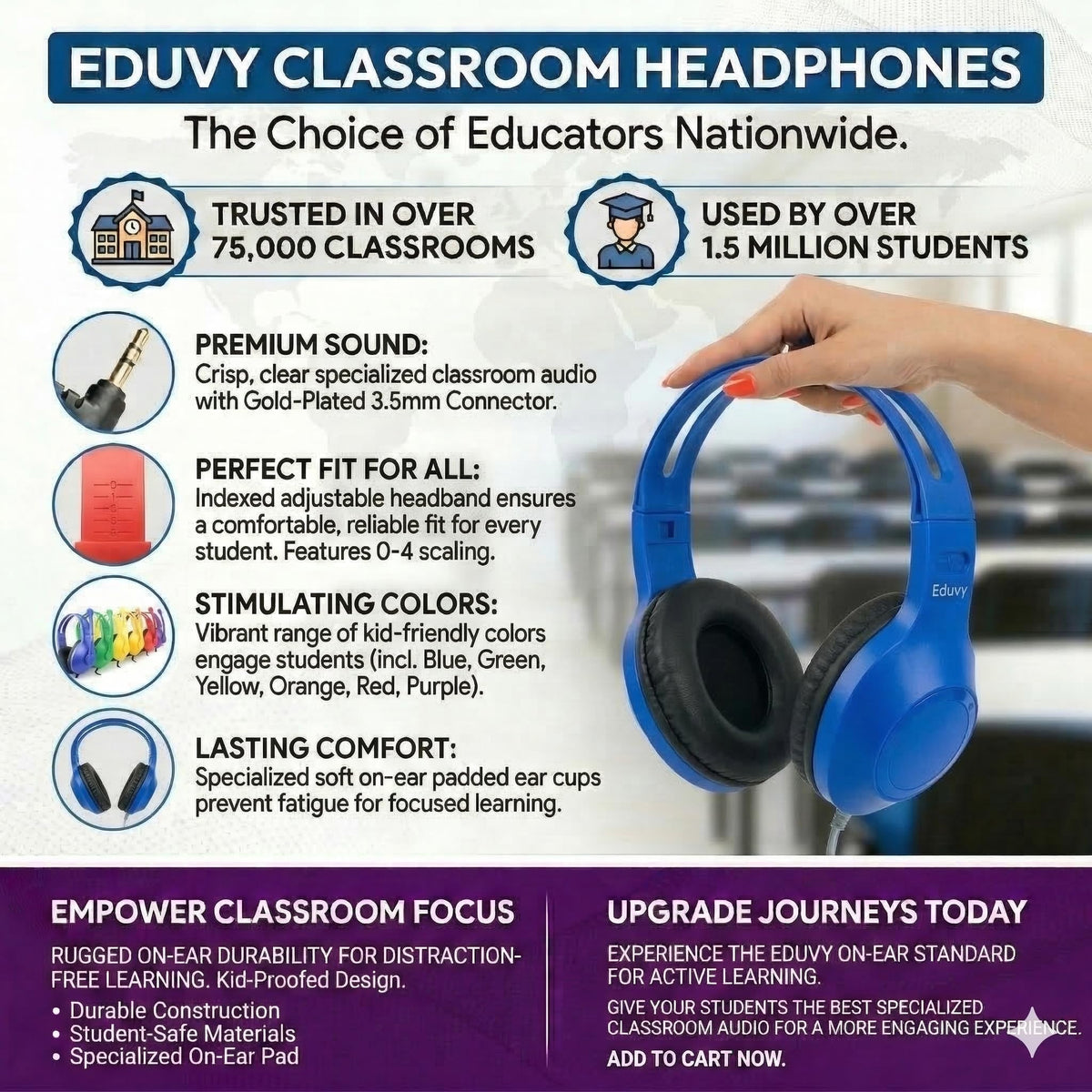 Eduvy heavy-duty headphones with 6 ft cord for roaming students.