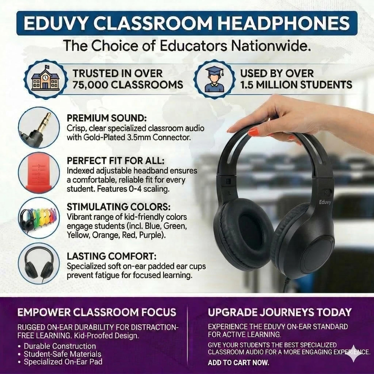 Eduvy heavy-duty headphones with 6ft cord support flexible seating.