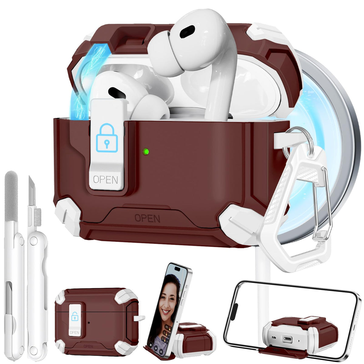 Ekoonpft AirPods Pro 2 case front view with secure lock and MagSafe compatibility