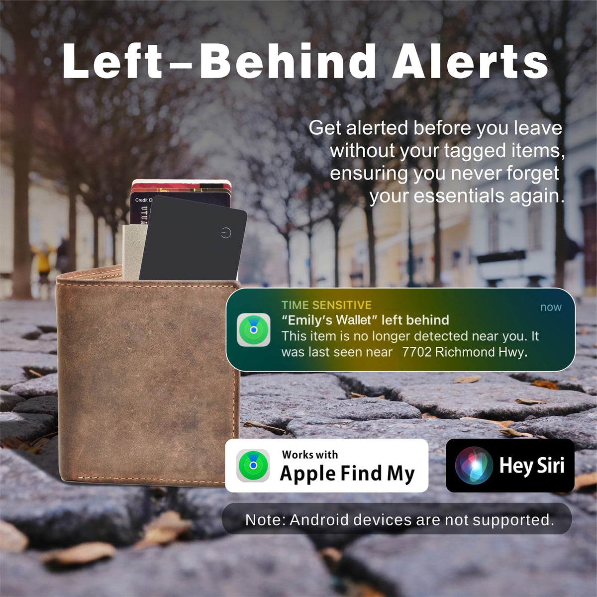 Eelexa Wallet Tracker Card locates nearby via Find My and Siri.