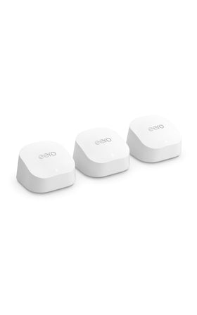 eero 6+ mesh system front view showing broad home coverage and stable wifi.