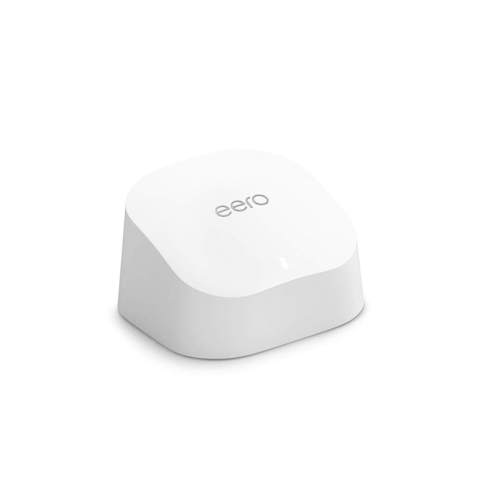 eero Like-New 6 Extender front view shows expanded Wi-Fi coverage in a living room