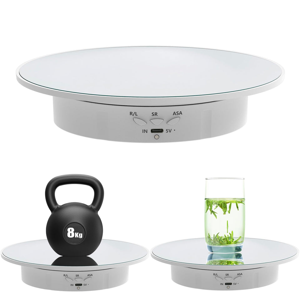 E Eshion electric turntable showing 360° rotation for seamless product photography