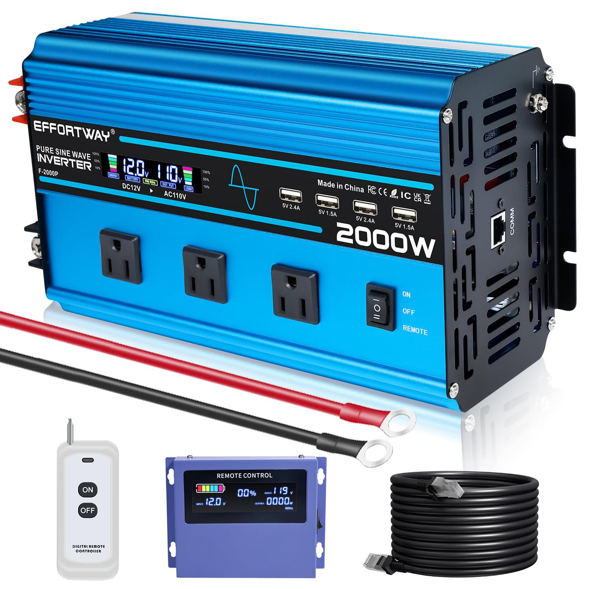 EFFORTWAY 2000W inverter front view with rugged aluminum housing for outdoor use