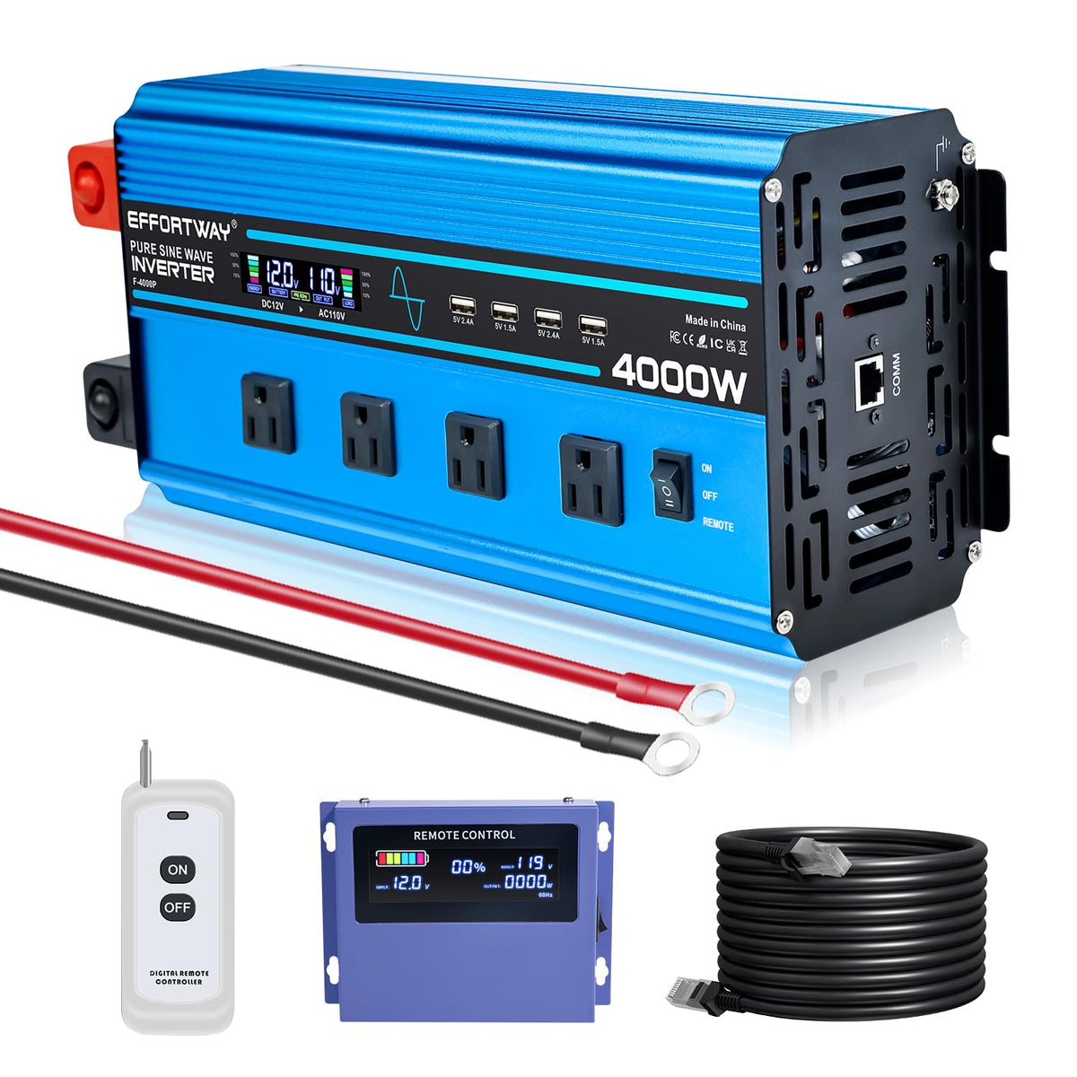 EFFORTWAY 4000W inverter powering appliances from 12V DC to 110V AC during camping.