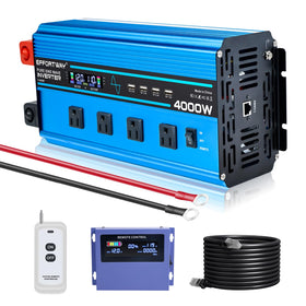 EFFORTWAY 4000W inverter powering appliances from 12V DC to 110V AC during camping.