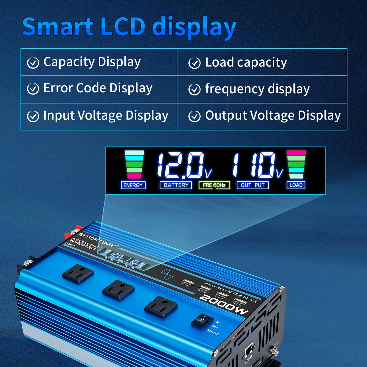 EFFORTWAY LCD status display helps monitor inverter operation at a glance