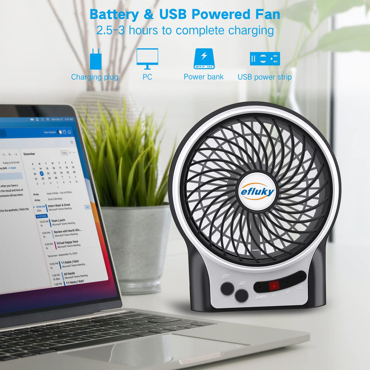 efluky 4.9-inch mini desk fan USB/battery power for portability