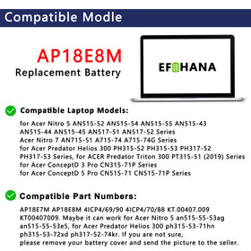 EFOHANA battery label with specs and certifications, clear compatibility information
