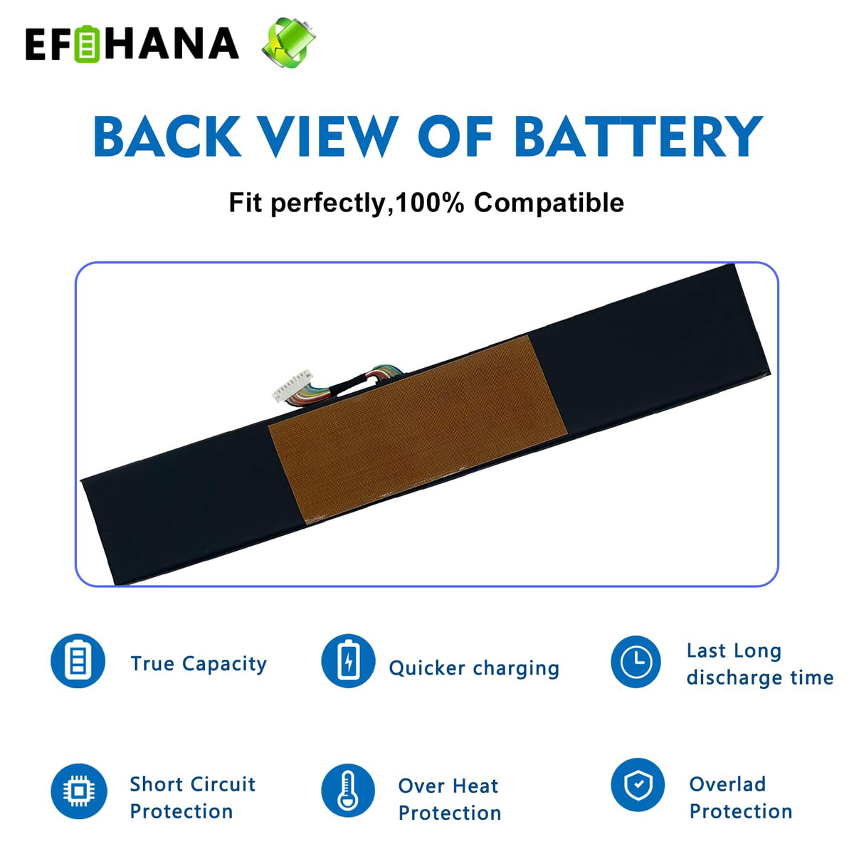 EFOHANA battery label with specs emphasizing compatibility and safety benefit