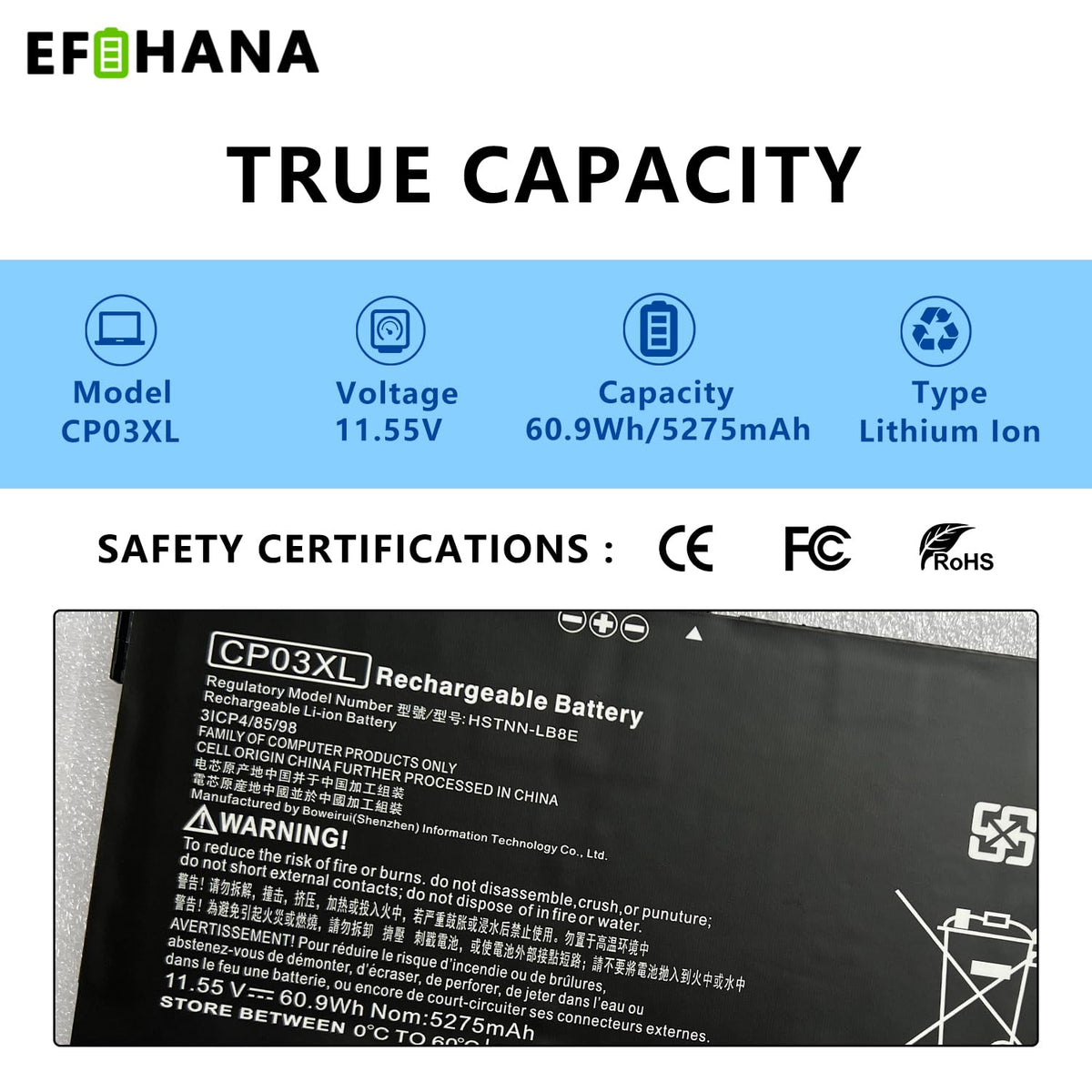 EFOHANA battery close-up of circuit board and connectors for reliable protection