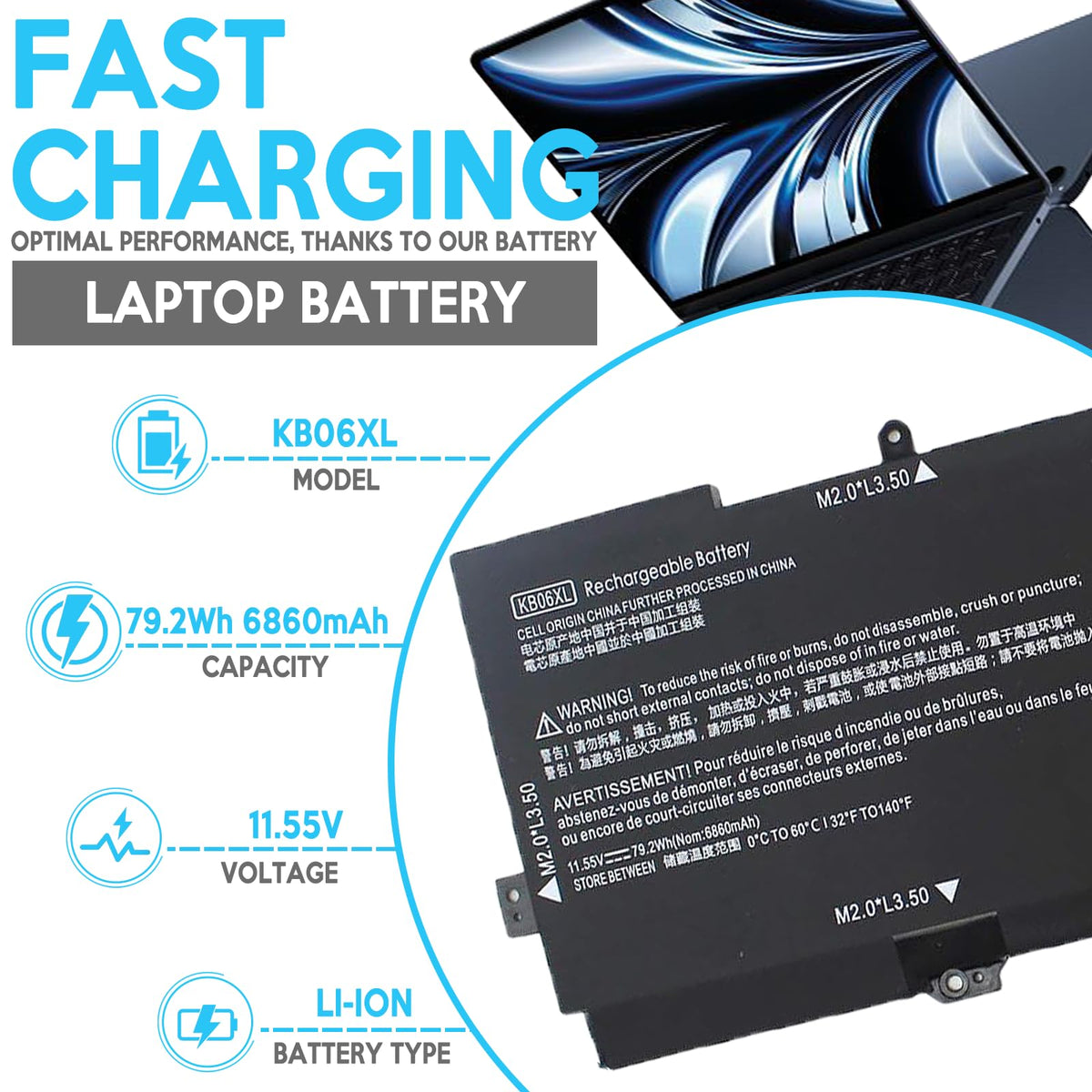 EFOHANA KB06XL label closeup identifying voltage and capacity