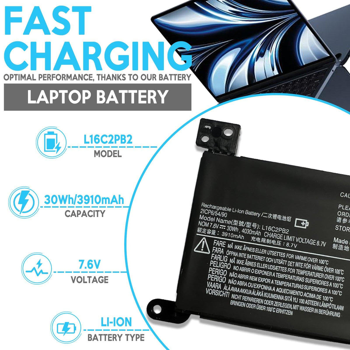 EFOHANA battery label closeup highlighting specs and easy identification benefit