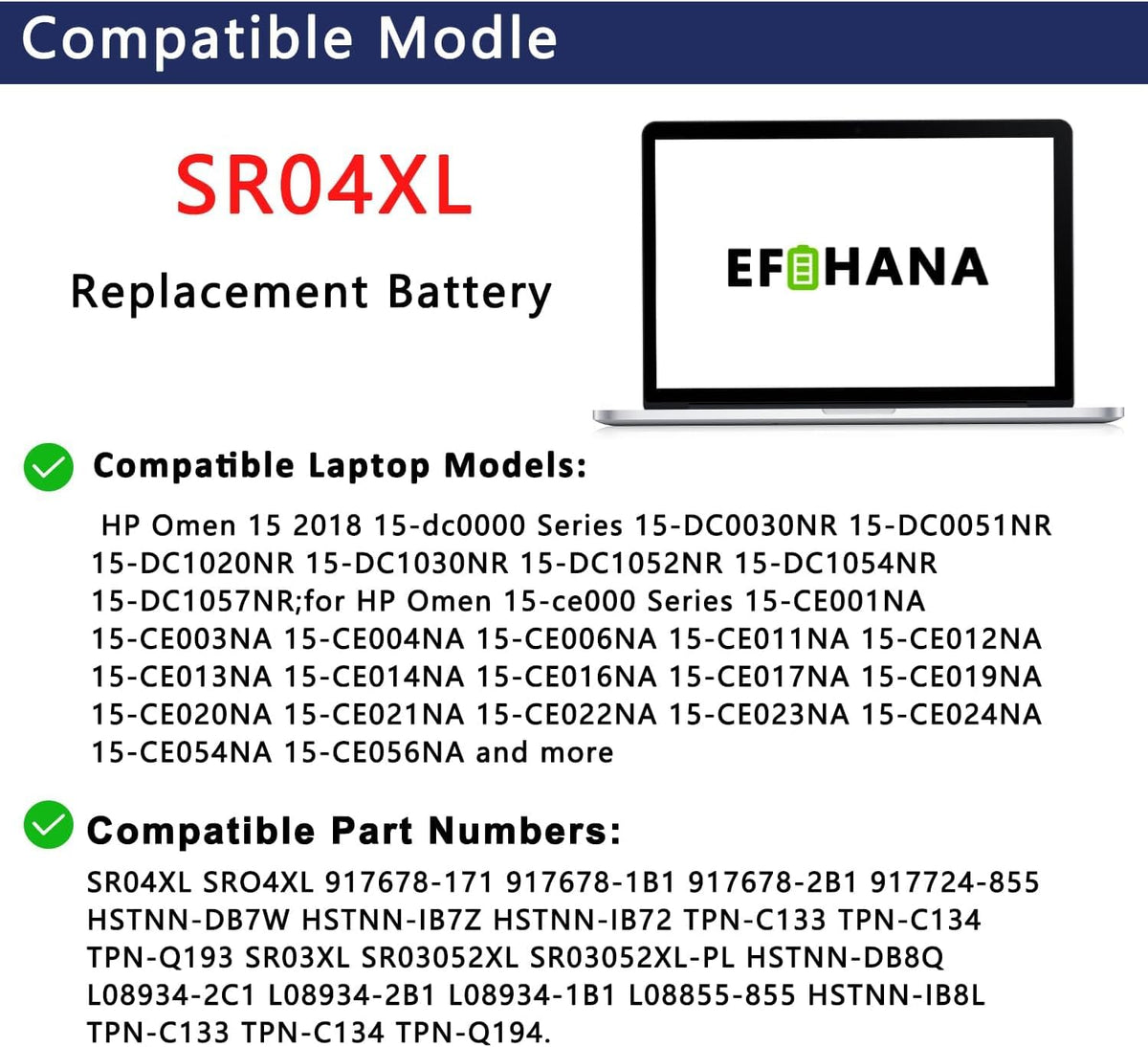 EFOHANA SR04XL label and specifications close view to confirm part number match