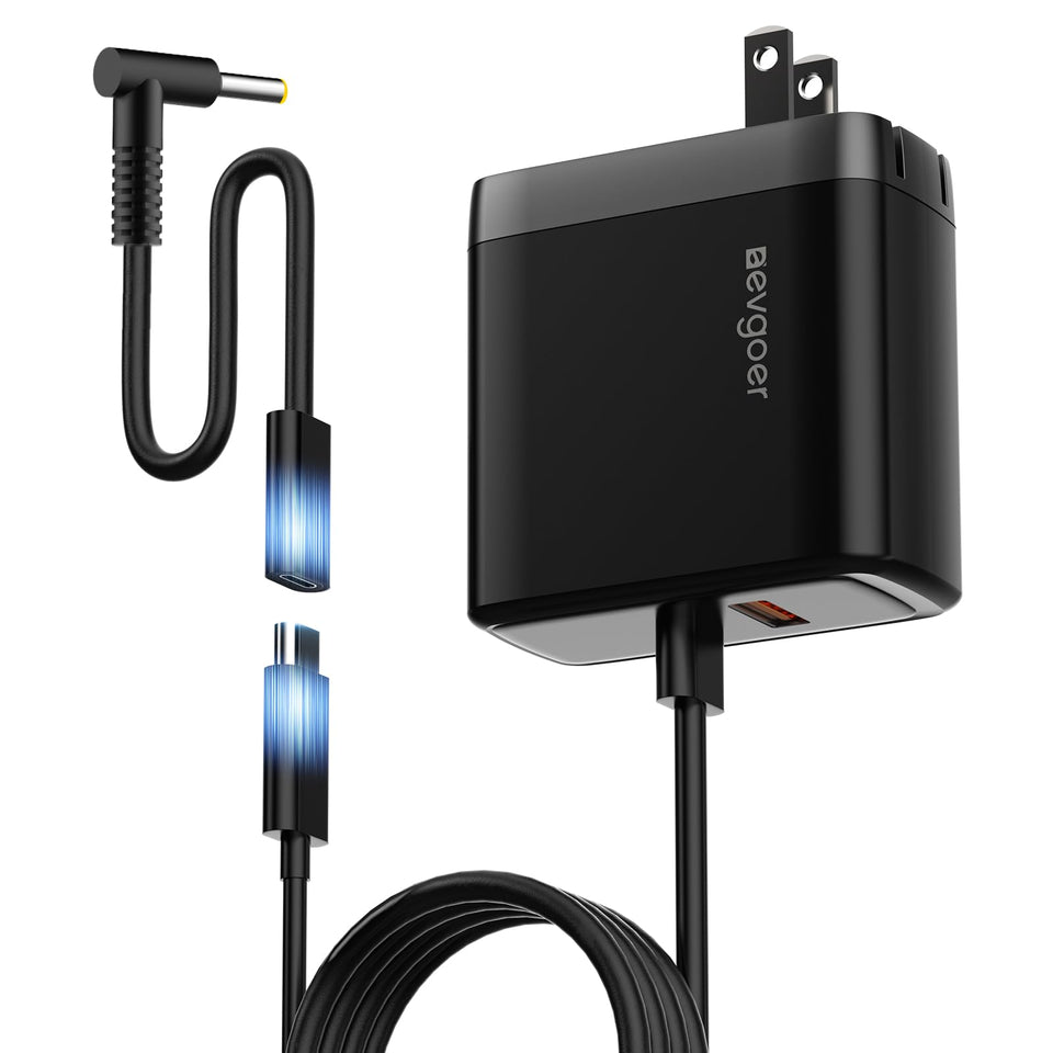 EG evgoer front view of 65W charger showing ports and compact design, reliable power
