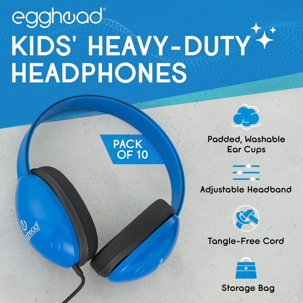 Egghead adjustable headbands in blue to fit growing students.