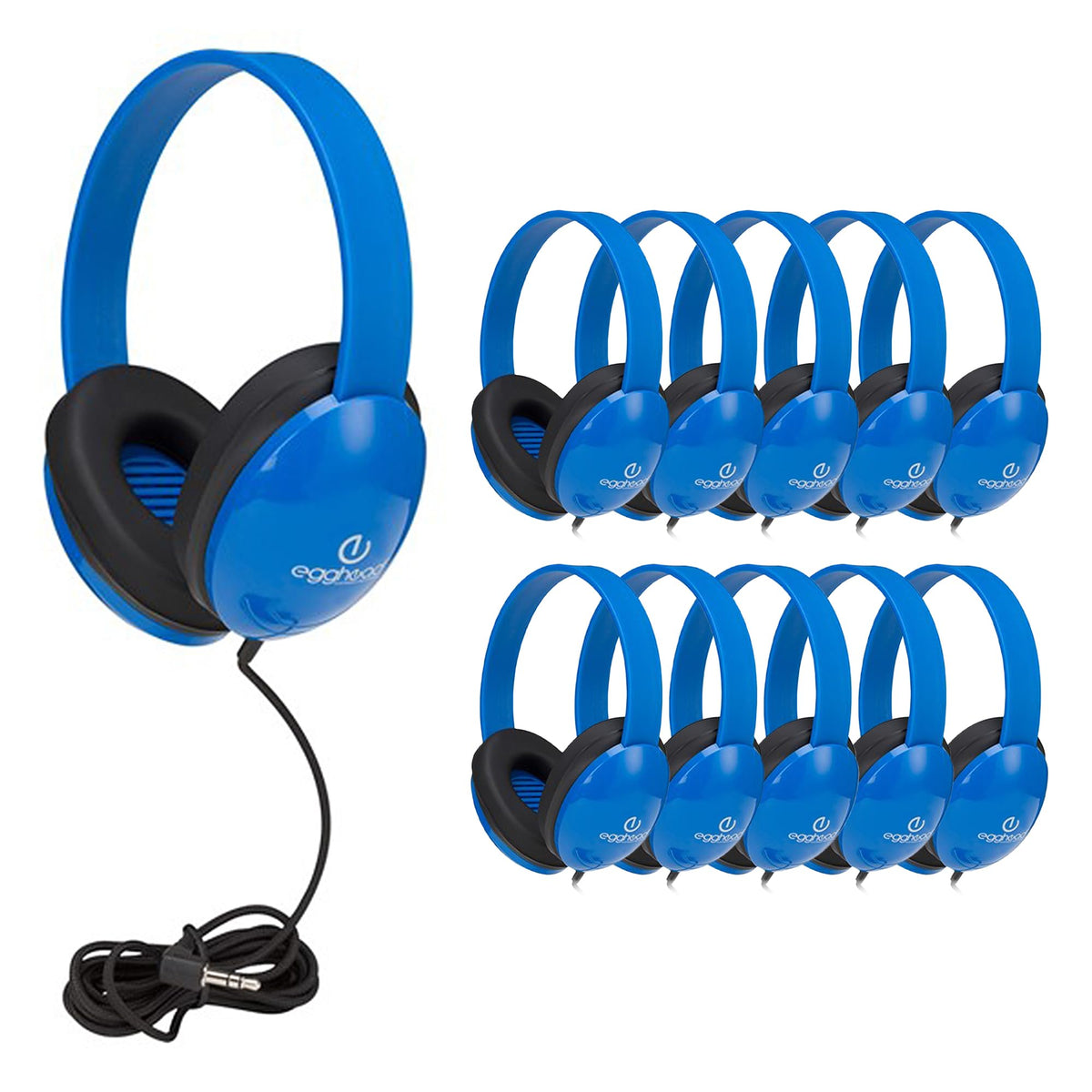 Egghead heavy-duty headphones with padded blue ear cups for classroom use.