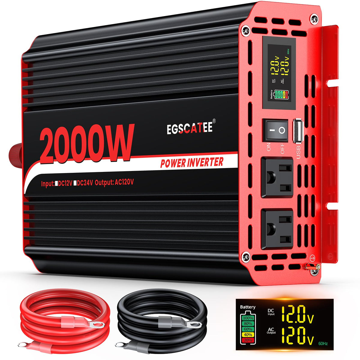 EGSCATEE 2000W inverter with LCD display for real-time power monitoring on the go.