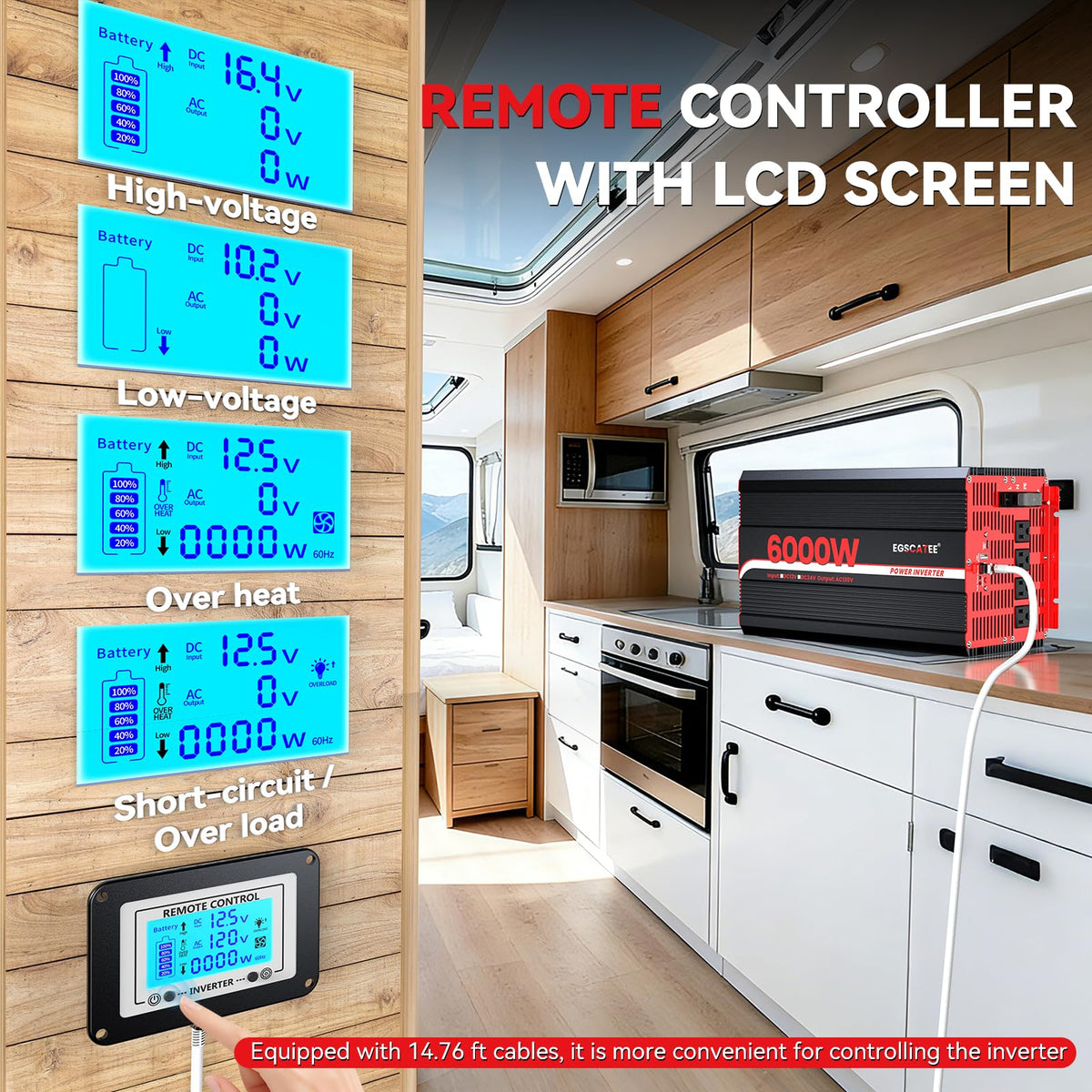 EGSCATEE 6000W inverter connected to a 12V battery bank for RV use