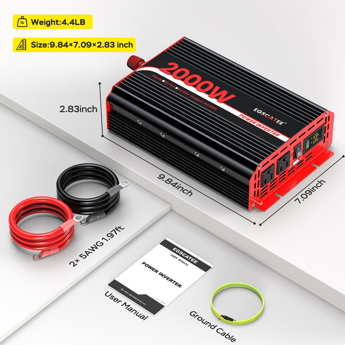 EGSCATEE kit includes battery cables and manual for quick setup.